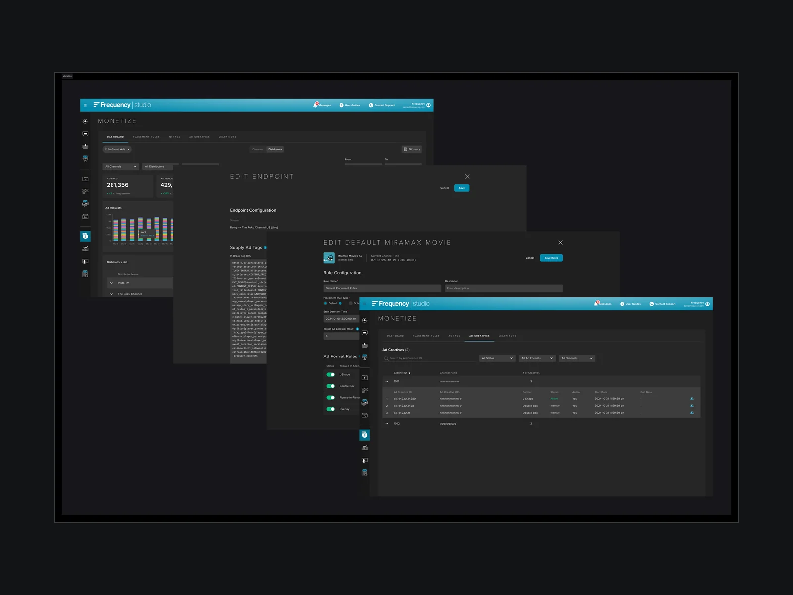Screens from the Monetize module in Frequency Studio: the distributor dashboard, an edit-endpoint panel with supply ad tags, a placement-rule configuration with ad format toggles, and the ad creatives list.